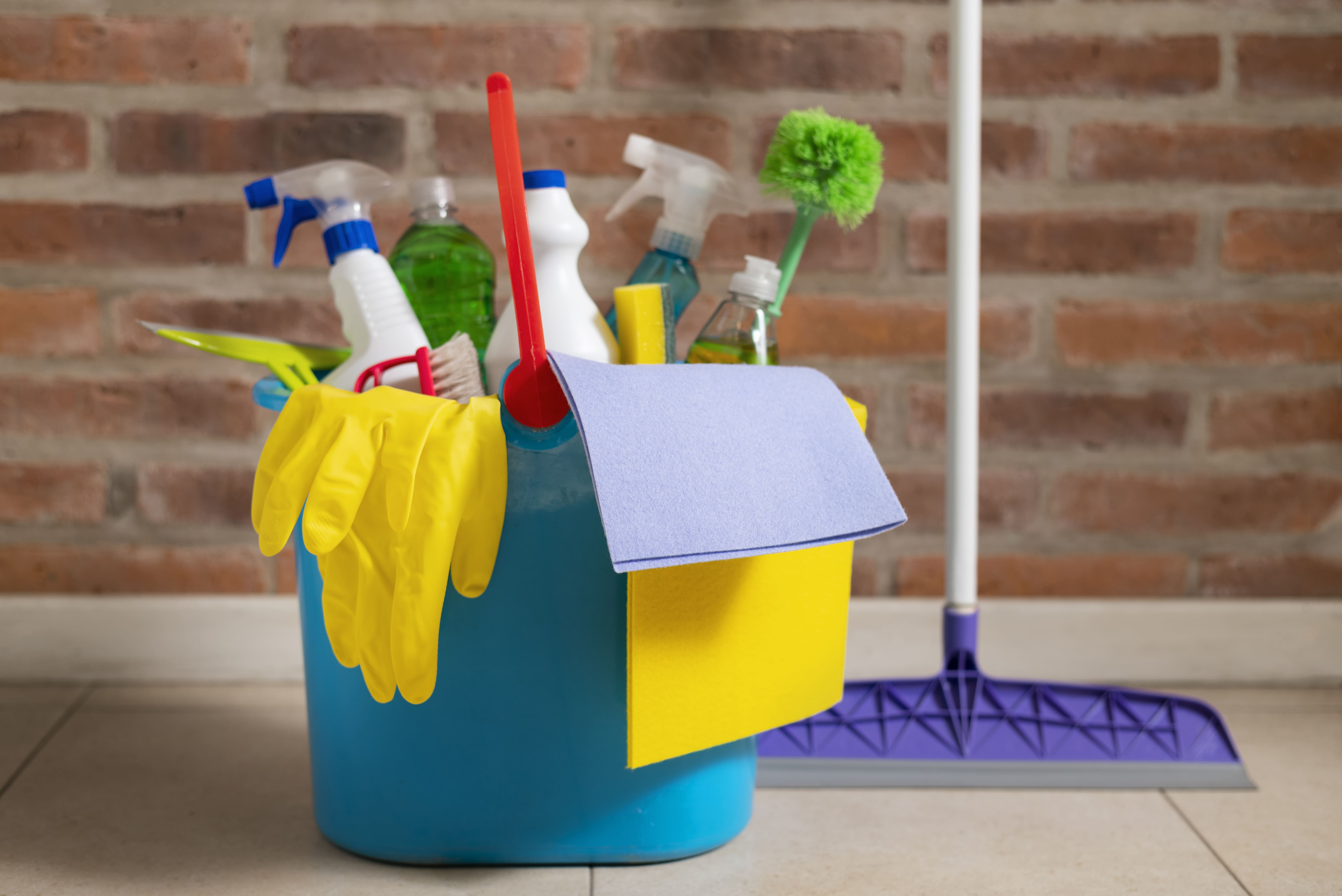 Productos y herramientas de limpieza organizados