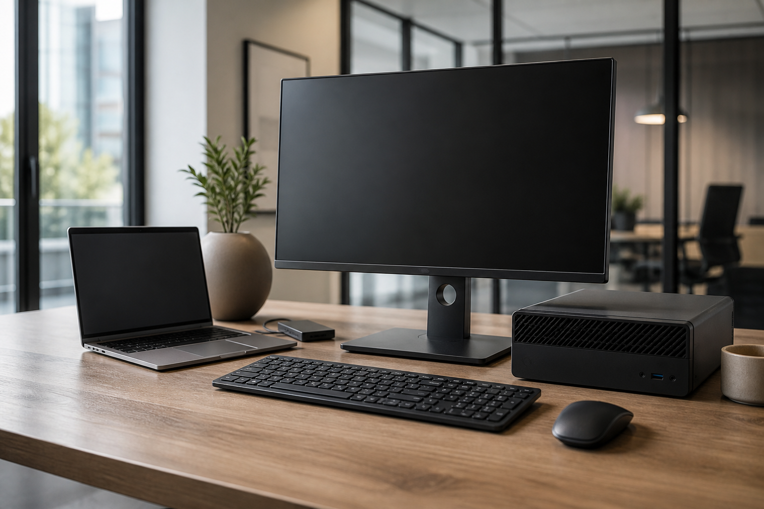 Laptop, monitor, computadora compacta y periféricos preparados para una oficina