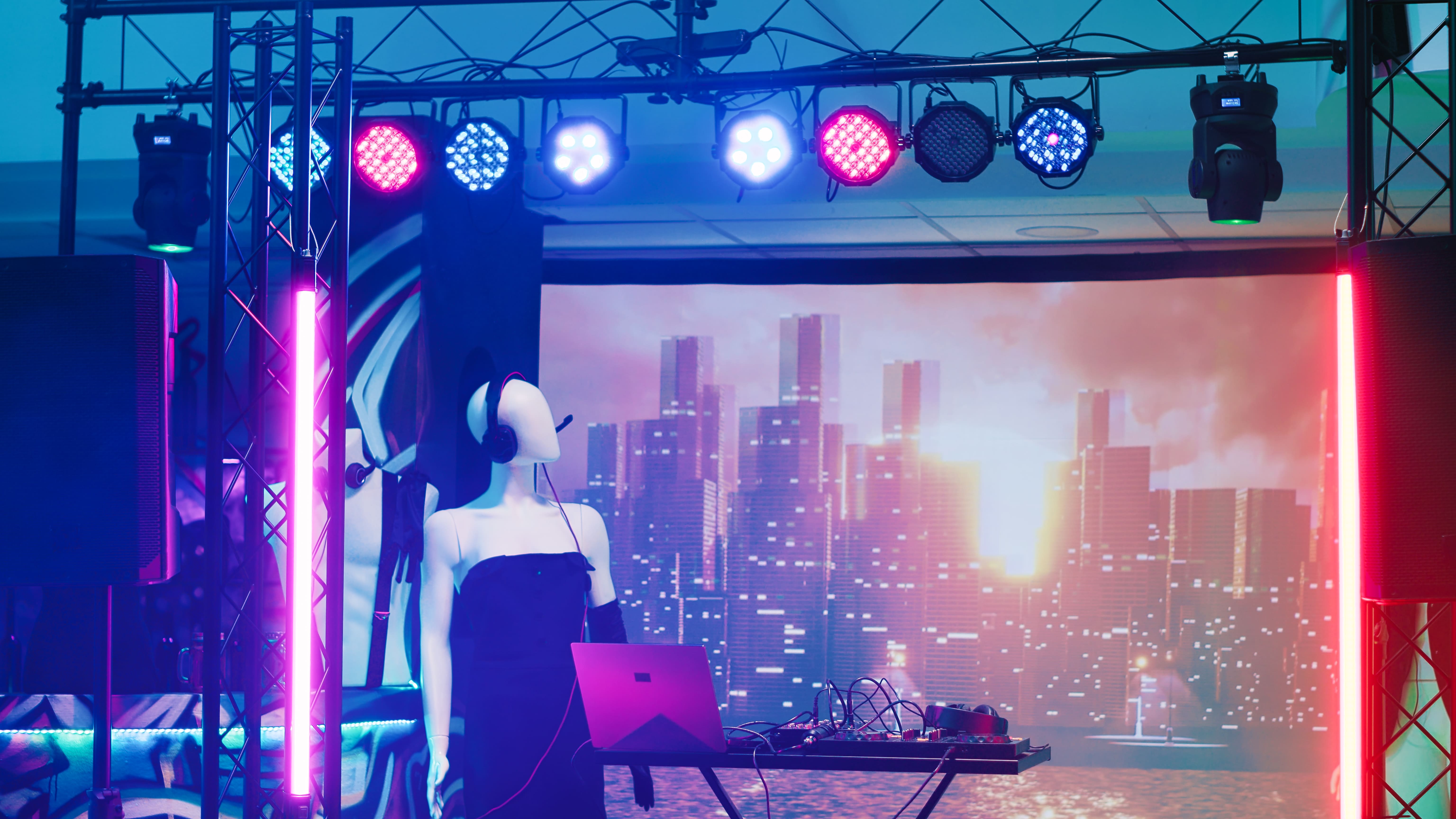 Escenario con iluminación, pantallas y equipo de producción
